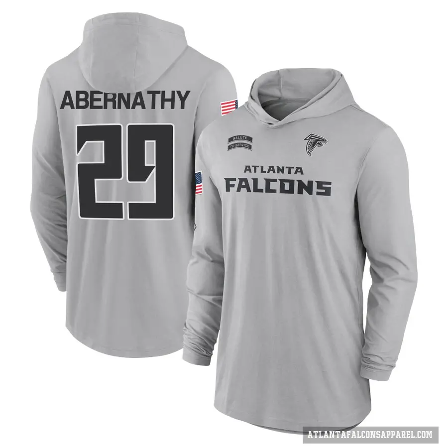 Men's ＃29 Micah Abernathy Atlanta Falcons Gray 2024 Salute to Service Lightweight Performance Long Sleeve Hooded T-Shirt