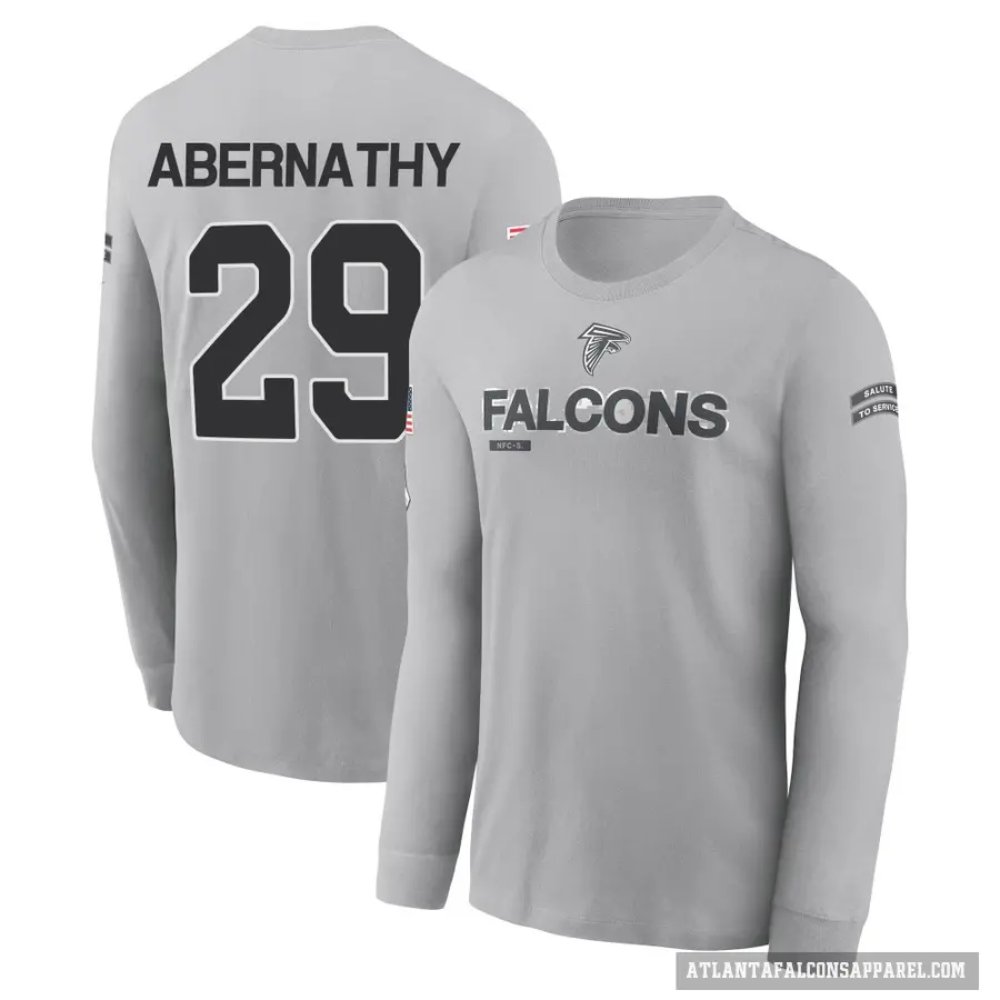 Men's ＃29 Micah Abernathy Atlanta Falcons Gray 2024 Salute to Service Long Sleeve T-Shirt