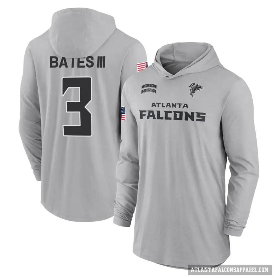 Men's ＃3 Jessie Bates III Atlanta Falcons Gray 2024 Salute to Service Lightweight Performance Long Sleeve Hooded T-Shirt