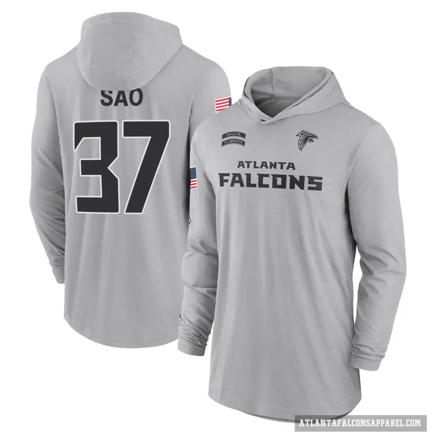 Men's ＃37 Anthony Sao Atlanta Falcons Gray 2024 Salute to Service Lightweight Performance Long Sleeve Hooded T-Shirt