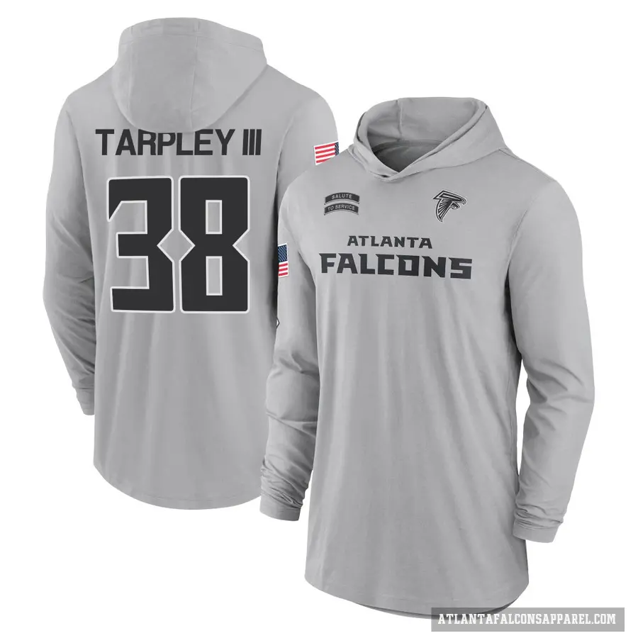 Men's ＃38 Tre Tarpley III Atlanta Falcons Gray 2024 Salute to Service Lightweight Performance Long Sleeve Hooded T-Shirt