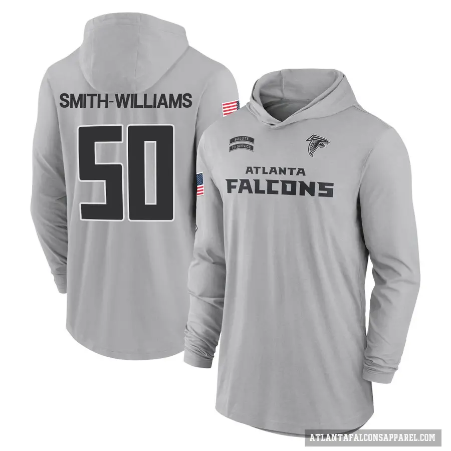 Men's ＃50 James Smith-Williams Atlanta Falcons Gray 2024 Salute to Service Lightweight Performance Long Sleeve Hooded T-Shirt