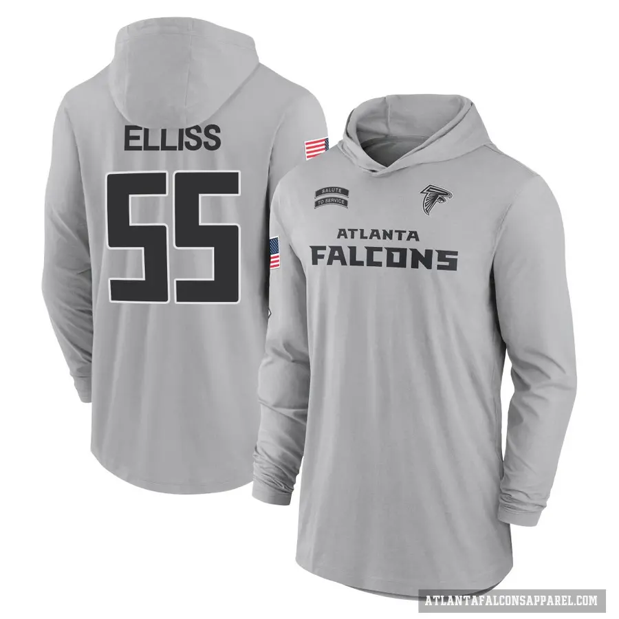 Men's ＃55 Kaden Elliss Atlanta Falcons Gray 2024 Salute to Service Lightweight Performance Long Sleeve Hooded T-Shirt