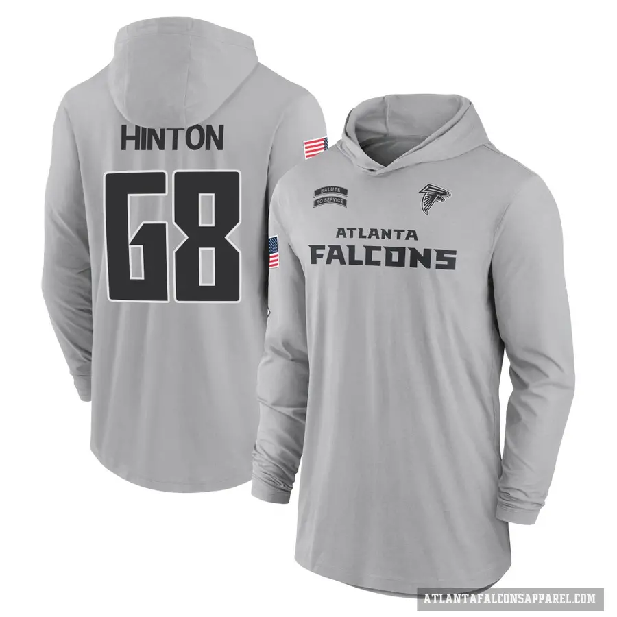 Men's ＃68 Kyle Hinton Atlanta Falcons Gray 2024 Salute to Service Lightweight Performance Long Sleeve Hooded T-Shirt