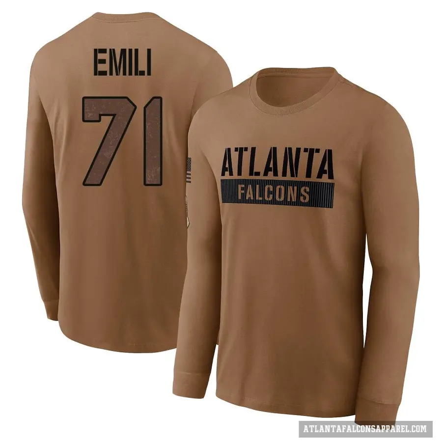 Men's ＃71 Prince Emili Atlanta Falcons Brown 2023 Salute To Service Long Sleeve T-Shirt