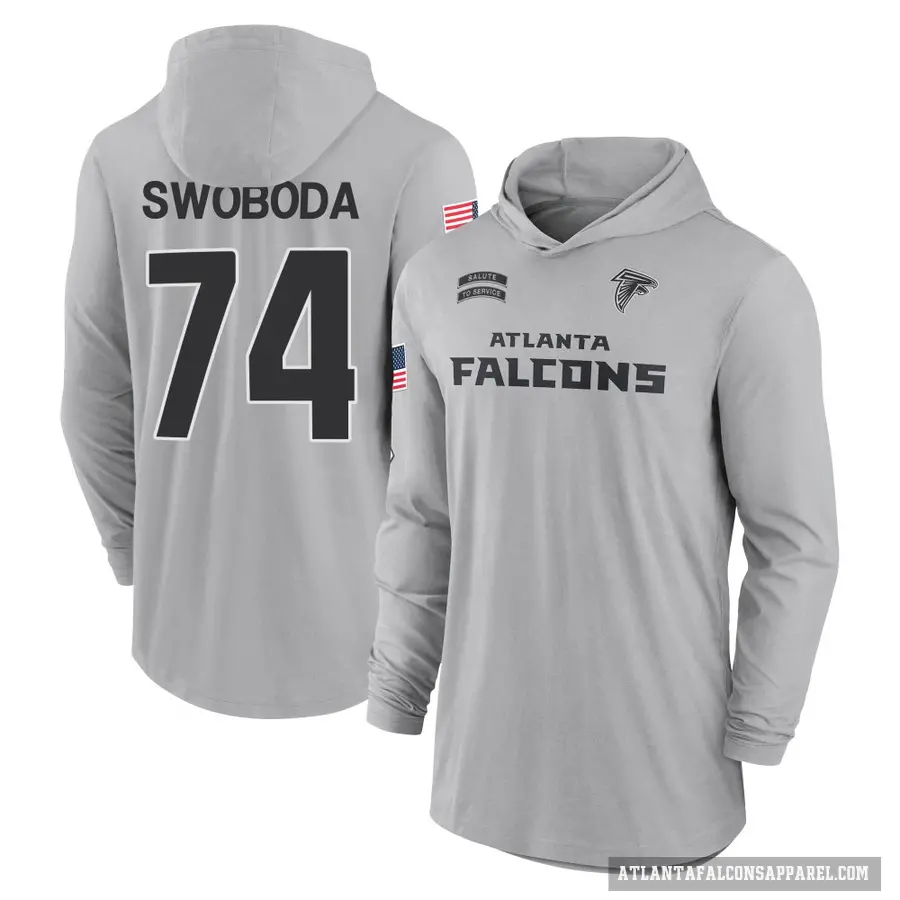 Men's ＃74 Ryan Swoboda Atlanta Falcons Gray 2024 Salute to Service Lightweight Performance Long Sleeve Hooded T-Shirt