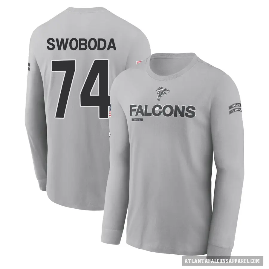 Men's ＃74 Ryan Swoboda Atlanta Falcons Gray 2024 Salute to Service Long Sleeve T-Shirt