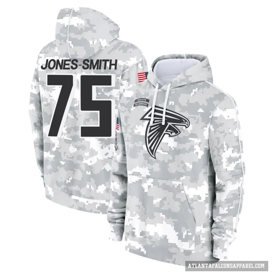 Men's ＃75 Jaryd Jones-Smith Atlanta Falcons Arctic Camo 2024 Salute to Service Club Fleece Pullover Hoodie