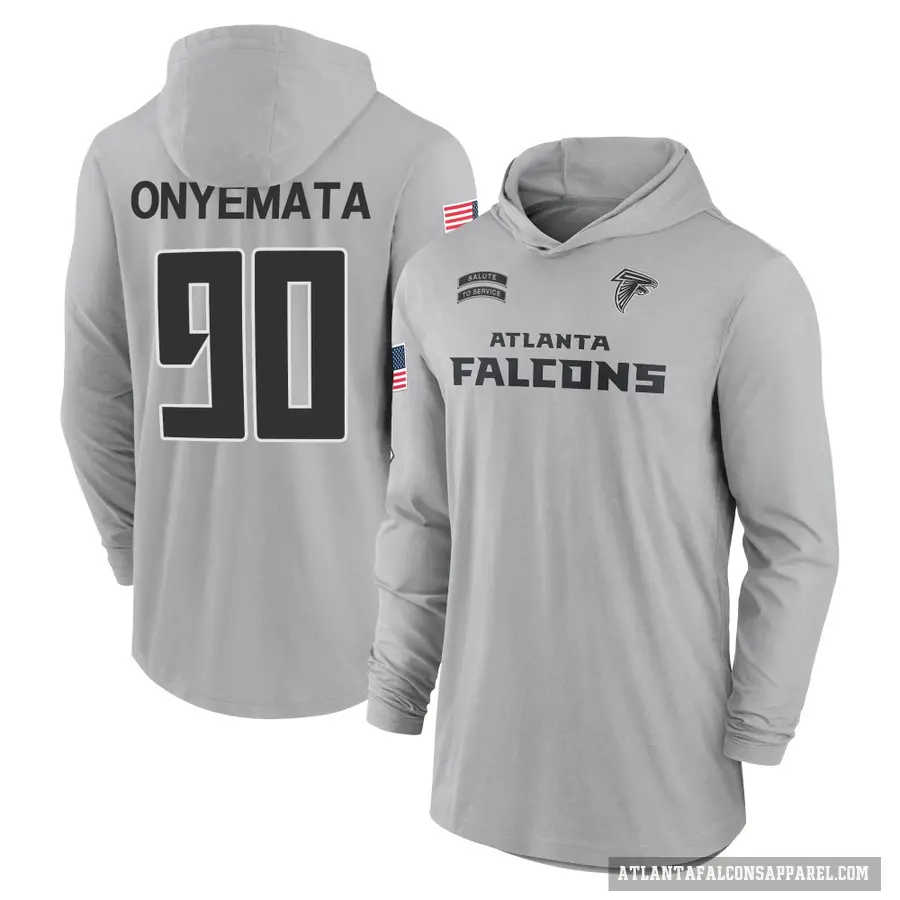 Men's ＃90 David Onyemata Atlanta Falcons Gray 2024 Salute to Service Lightweight Performance Long Sleeve Hooded T-Shirt