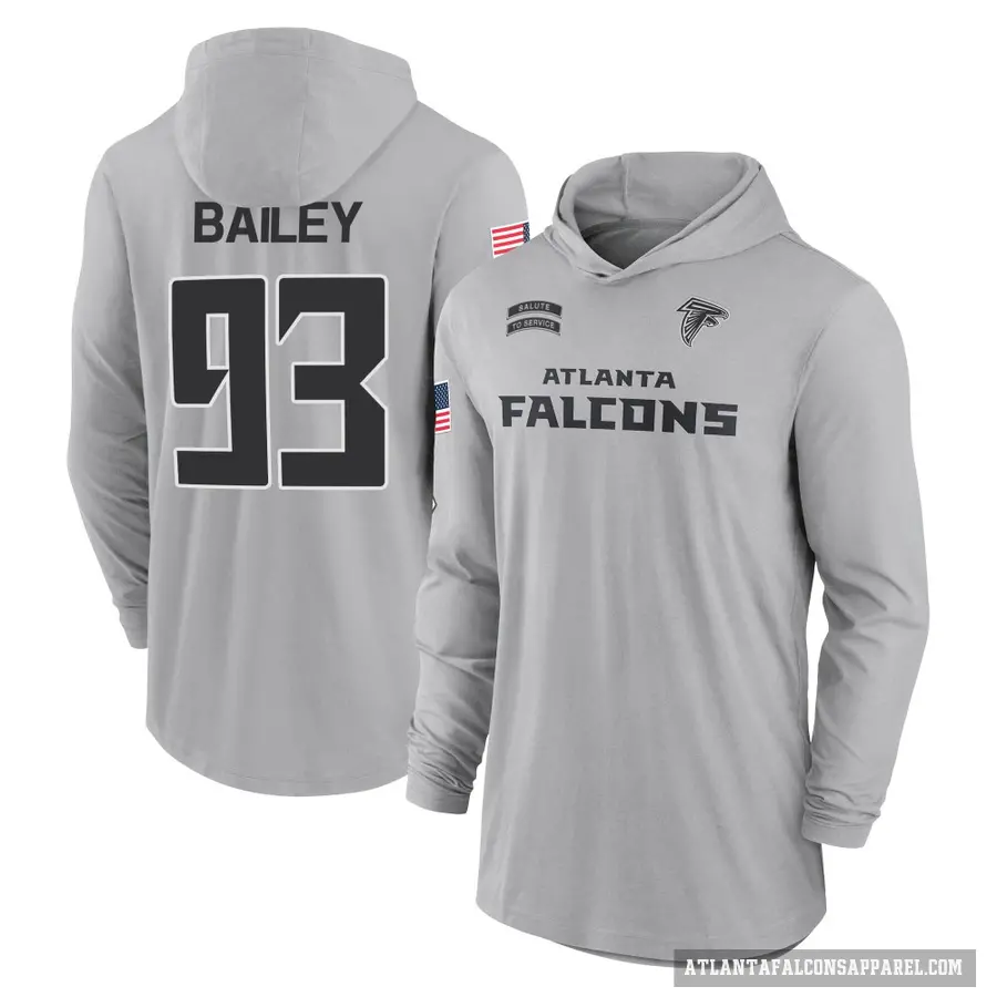 Men's ＃93 Allen Bailey Atlanta Falcons Gray 2024 Salute to Service Lightweight Performance Long Sleeve Hooded T-Shirt