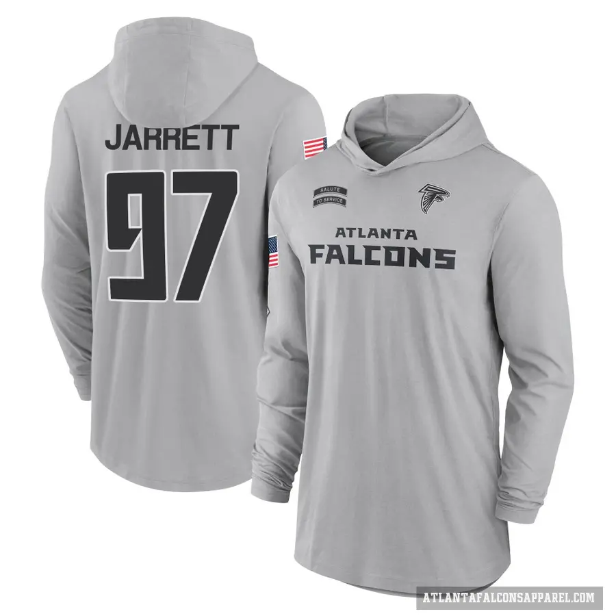 Men's ＃97 Grady Jarrett Atlanta Falcons Gray 2024 Salute to Service Lightweight Performance Long Sleeve Hooded T-Shirt