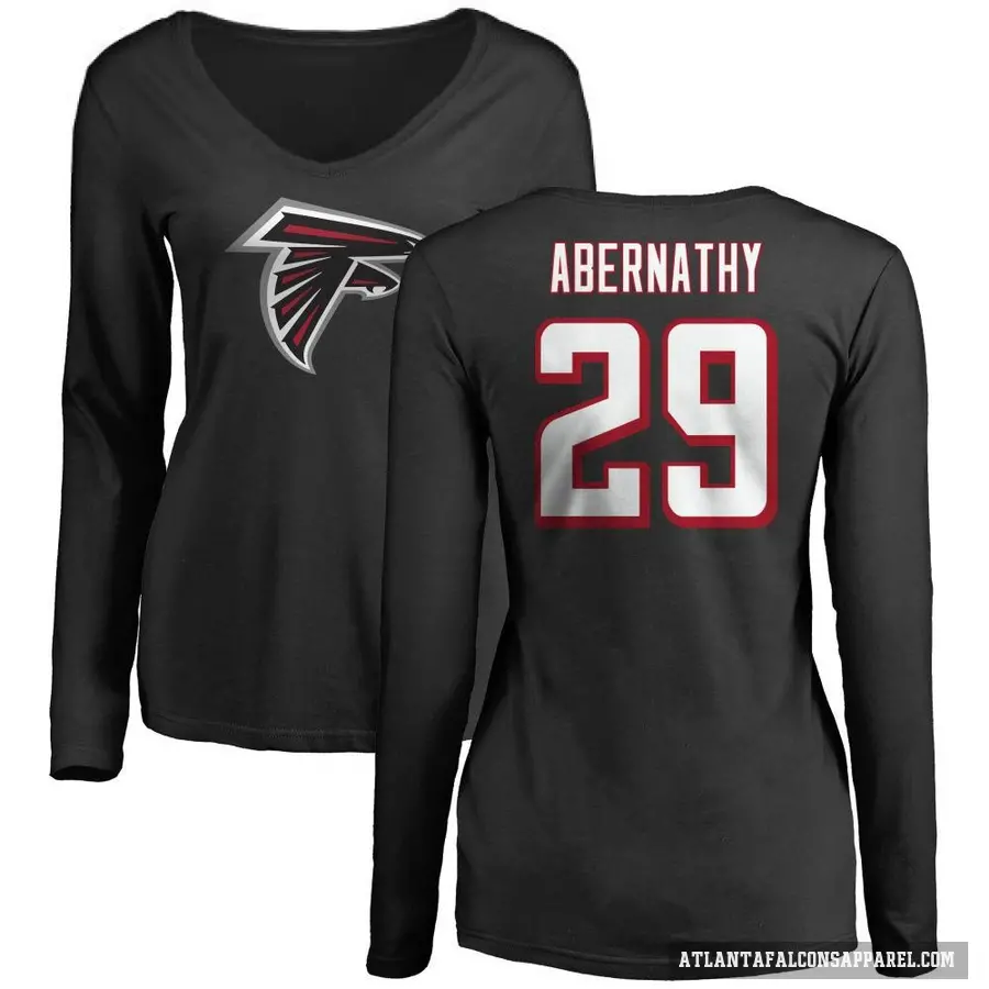 Women's ＃29 Micah Abernathy Atlanta Falcons Black Logo Slim Fit Long Sleeve T-Shirt