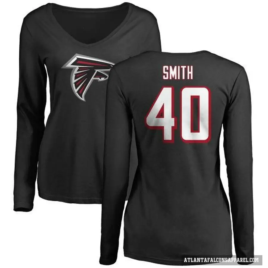 Women's ＃40 Keith Smith Atlanta Falcons Black Logo Slim Fit Long Sleeve T-Shirt