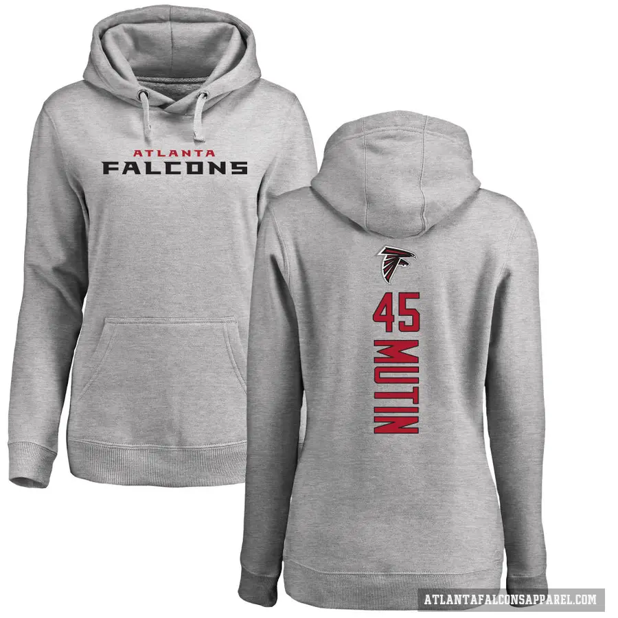 Women's ＃45 Donavan Mutin Atlanta Falcons Pro Line Ash Backer Pullover Hoodie