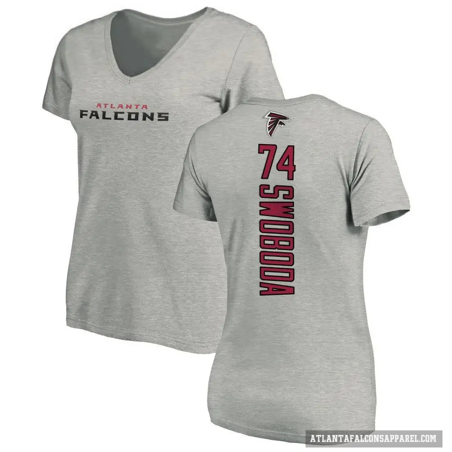 Women's ＃74 Ryan Swoboda Atlanta Falcons Ash Backer V-Neck T-Shirt