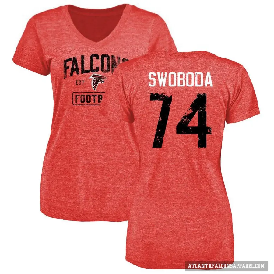 Women's ＃74 Ryan Swoboda Atlanta Falcons Red Distressed T-Shirt