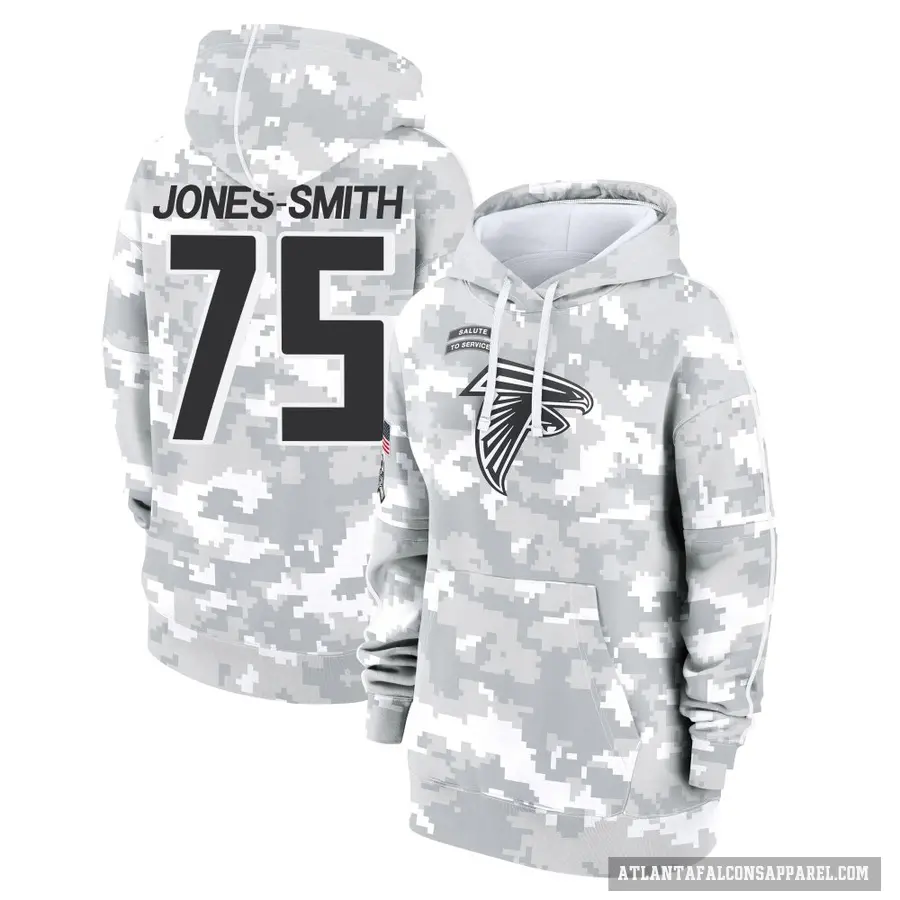 Women's ＃75 Jaryd Jones-Smith Atlanta Falcons Arctic Camo 2024 Salute to Service Club Fleece Pullover Hoodie