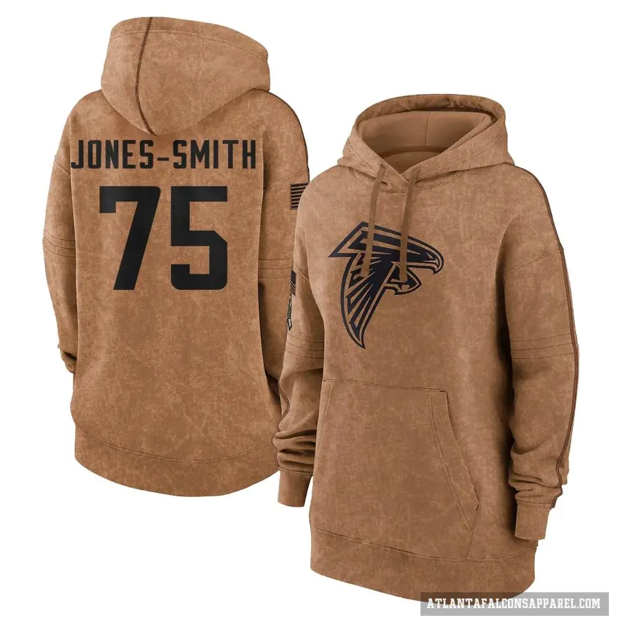 Women's ＃75 Jaryd Jones-Smith Atlanta Falcons Brown 2023 Salute To Service Pullover Hoodie