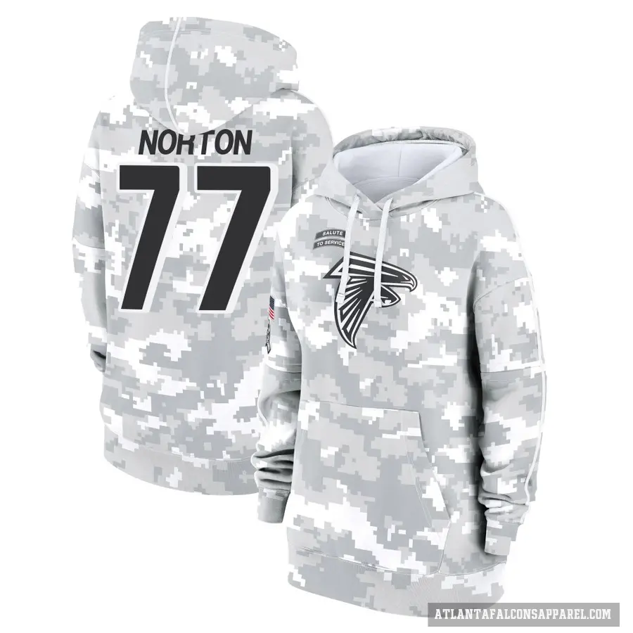 Women's ＃77 Storm Norton Atlanta Falcons Arctic Camo 2024 Salute to Service Club Fleece Pullover Hoodie