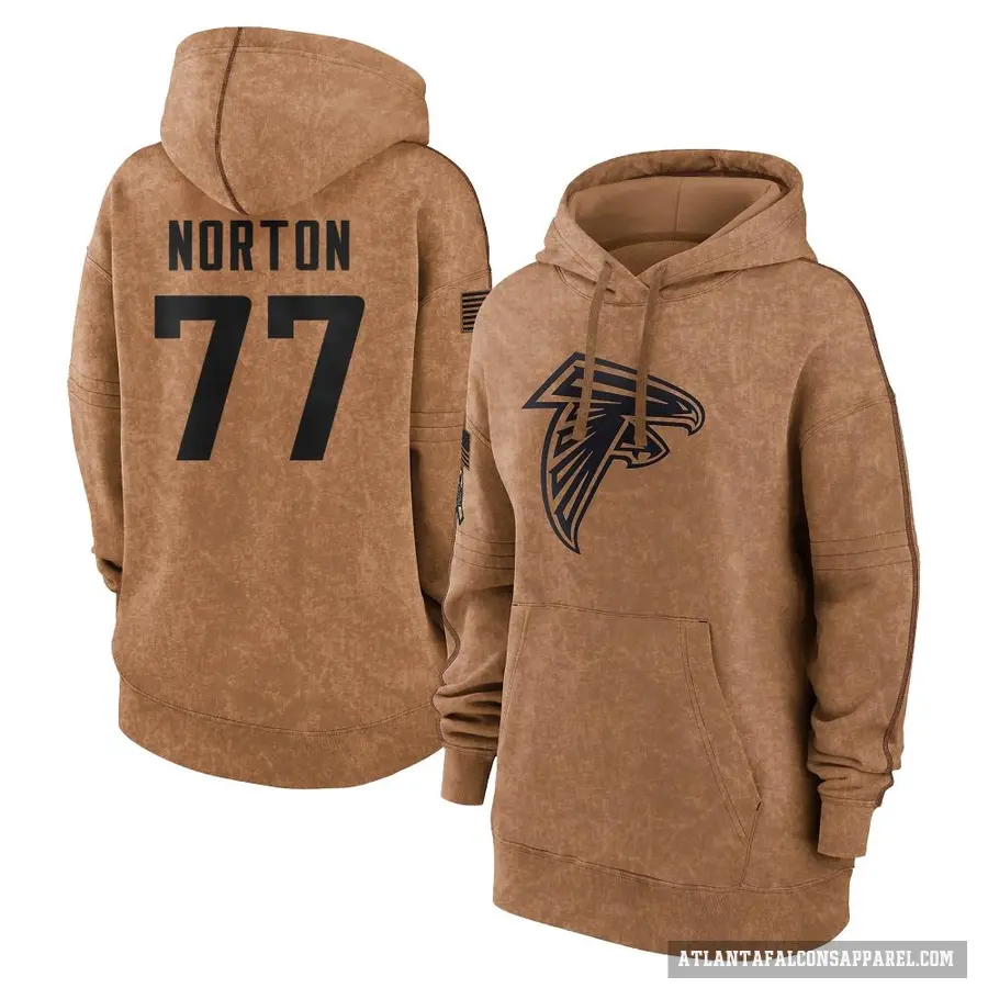 Women's ＃77 Storm Norton Atlanta Falcons Brown 2023 Salute To Service Pullover Hoodie