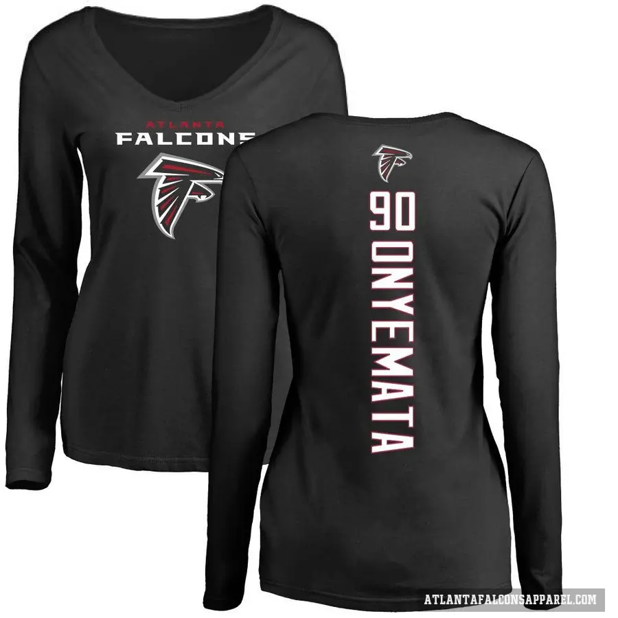 Women's ＃90 David Onyemata Atlanta Falcons Black Backer Slim Fit Long Sleeve T-Shirt