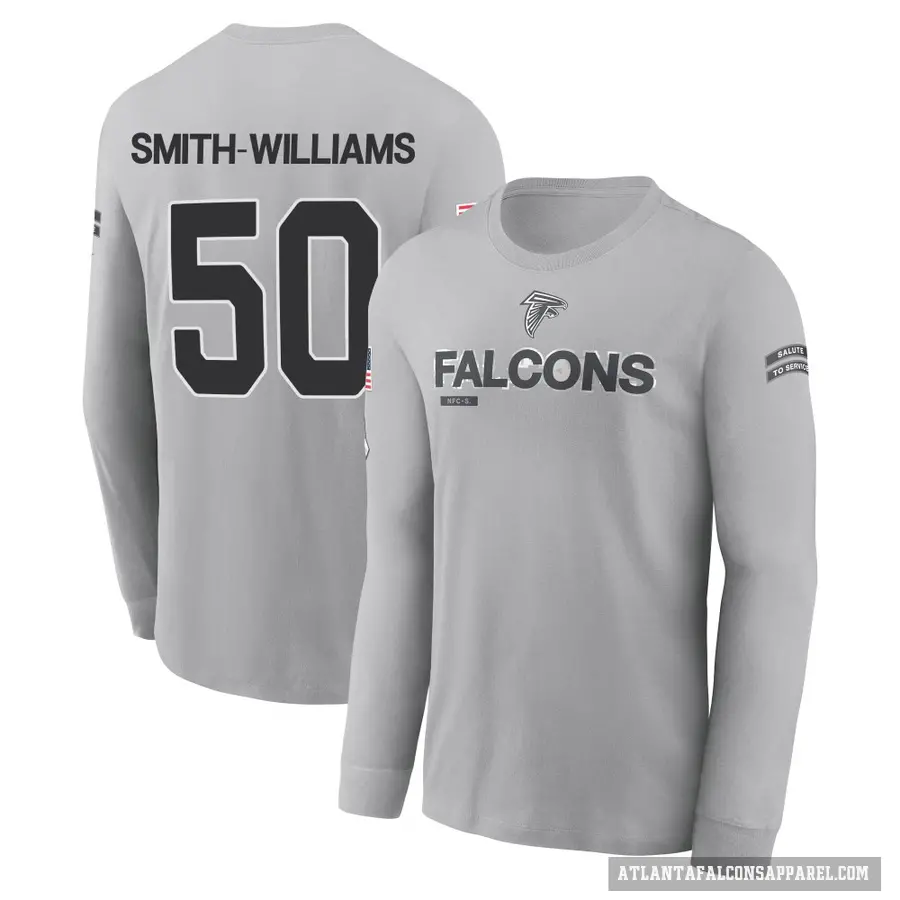 Youth ＃50 James Smith-Williams Atlanta Falcons Gray 2024 Salute to Service Long Sleeve T-Shirt